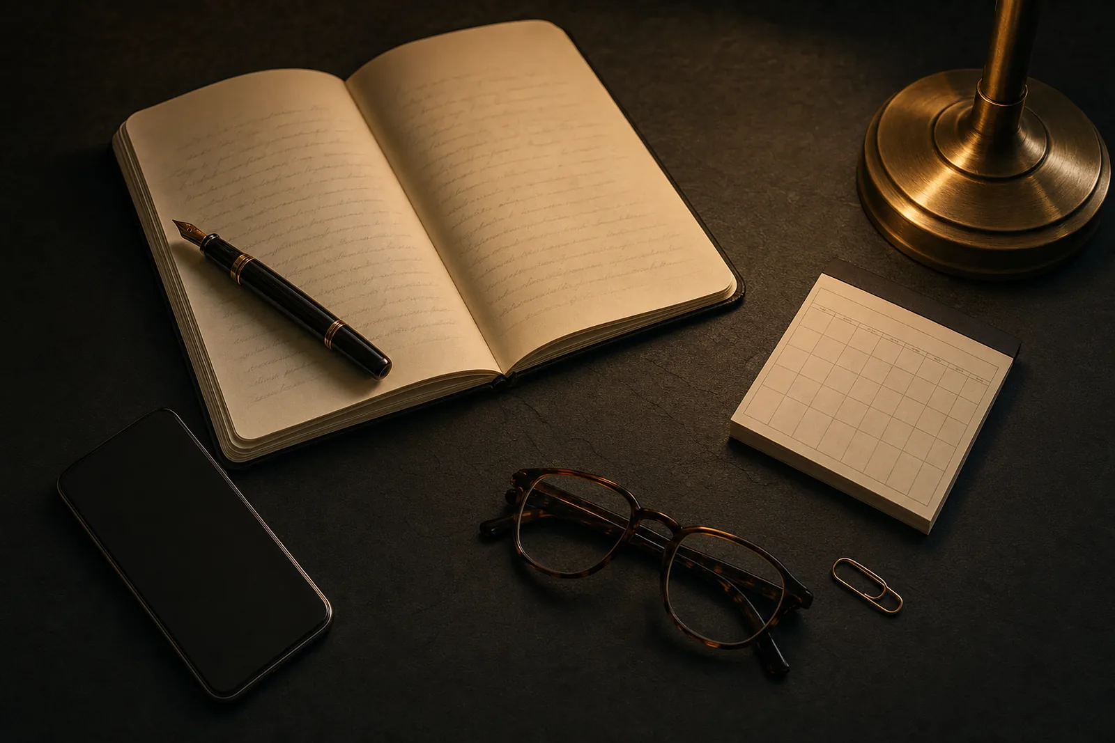 An open notebook, a pen, reading glasses and a phone on a dark desk under a warm lamp.