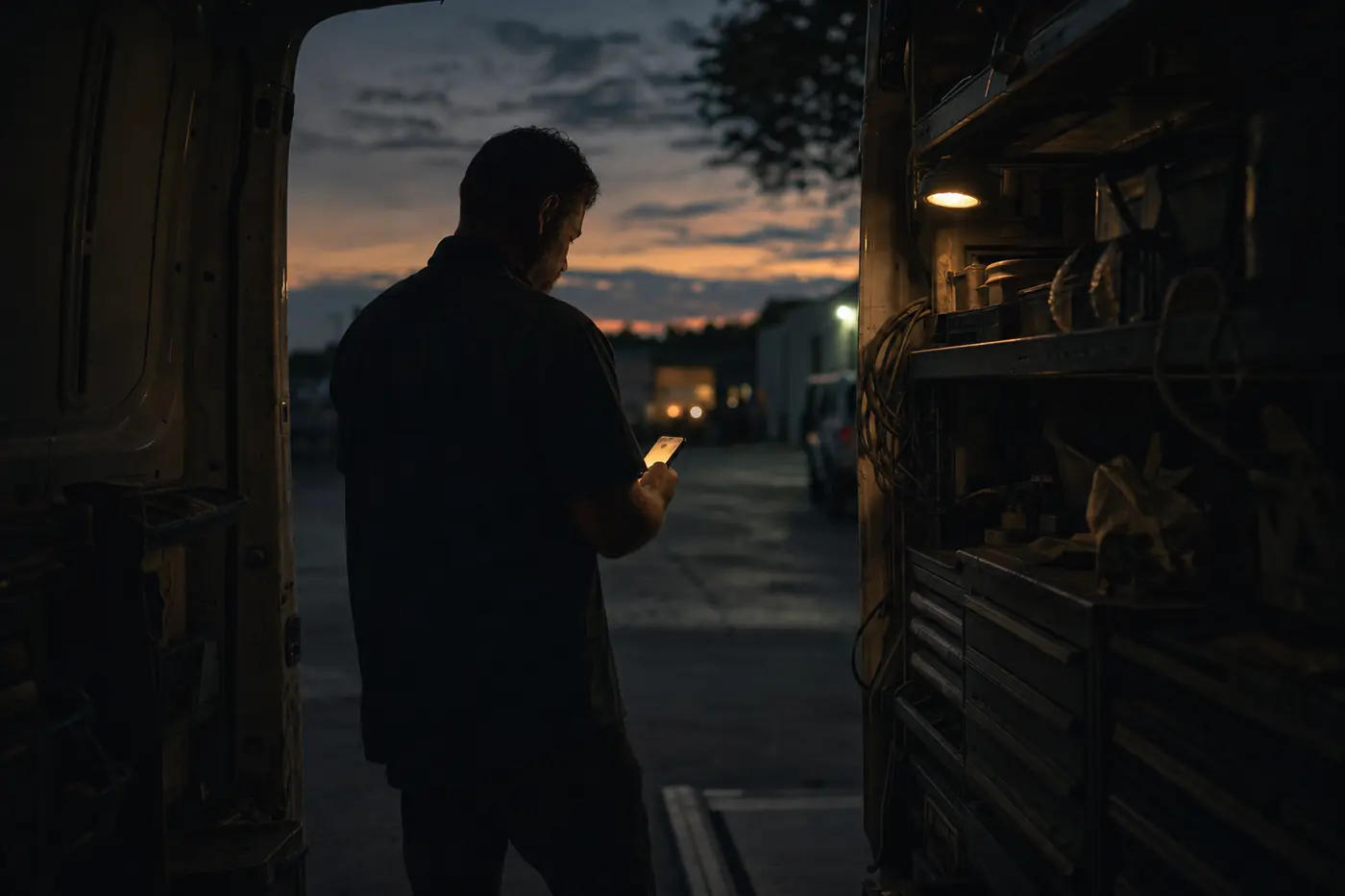 A service business owner checking his phone at the back of his work van at dusk.