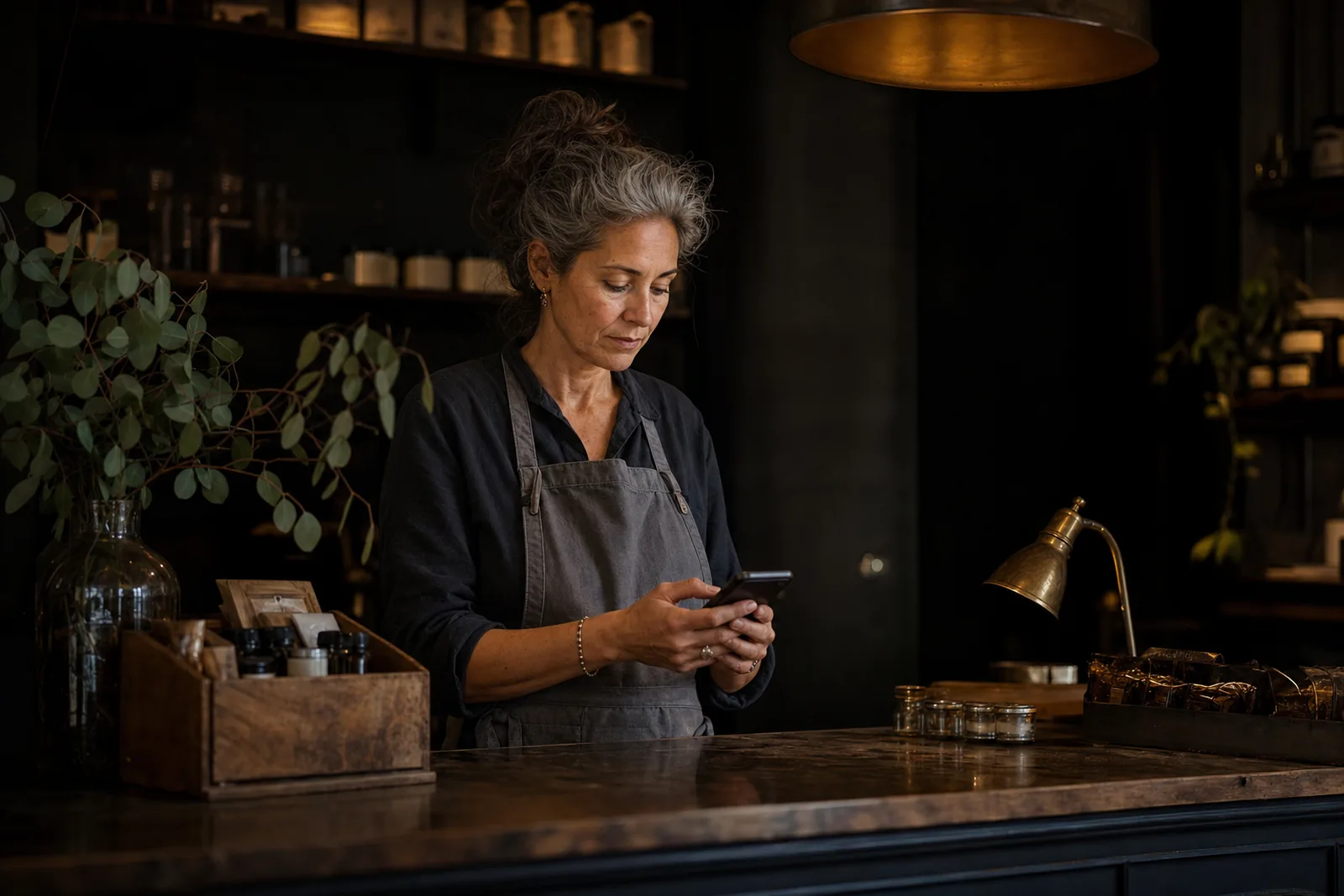A small-business owner standing behind the counter of her own shop, checking her phone.