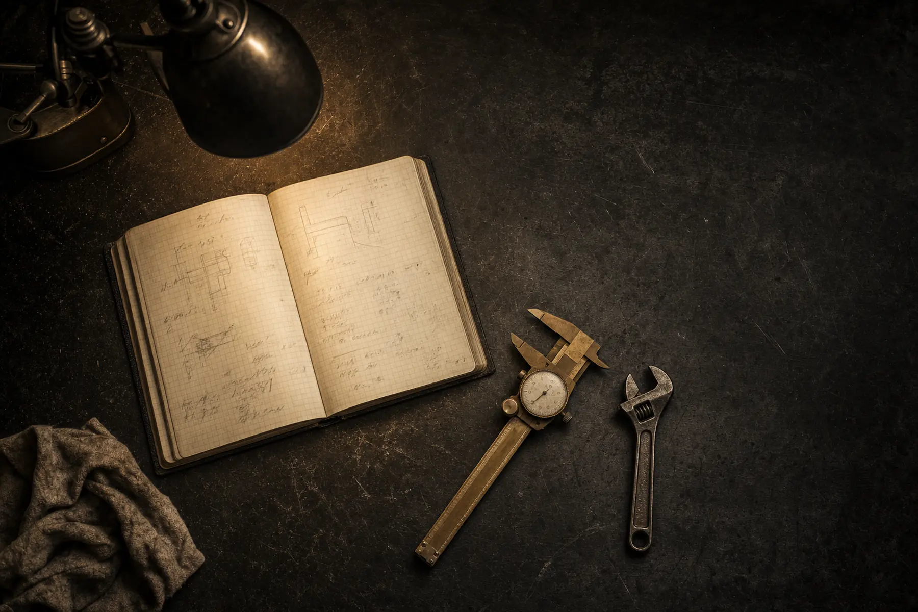 An open notebook, brass caliper and wrench on a dark steel workbench under a single warm lamp.